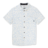 Front view of the LEAF ME BLUE - NIGHTHAWK™ RELAXED FIT BUTTON UP from Baja Llama, a short-sleeve shirt featuring a light blue and white abstract tropical leaf pattern.