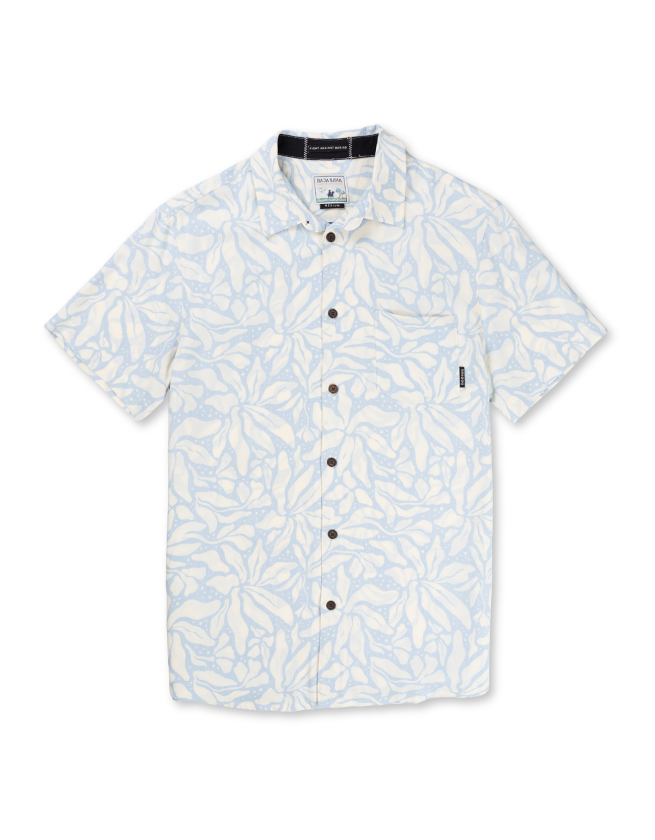 Front view of the LEAF ME BLUE - NIGHTHAWK™ RELAXED FIT BUTTON UP from Baja Llama, a short-sleeve shirt featuring a light blue and white abstract tropical leaf pattern.