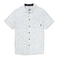 Front view of the LEAF ME BLUE - NIGHTHAWK™ RELAXED FIT BUTTON UP from Baja Llama, a short-sleeve shirt featuring a light blue and white abstract tropical leaf pattern.