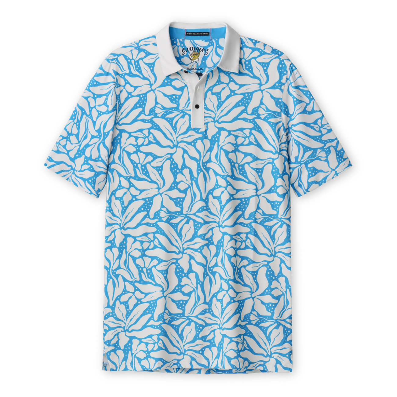 Front flat-lay view of the Baja Llama Leaf Me Blue Swingers Performance Polo, featuring an all-over vibrant blue and white tropical leaf pattern with a solid white collar and button placket.