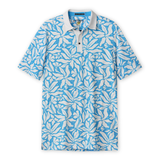 Front flat-lay view of the Baja Llama Leaf Me Blue Swingers Performance Polo, featuring an all-over vibrant blue and white tropical leaf pattern with a solid white collar and button placket.