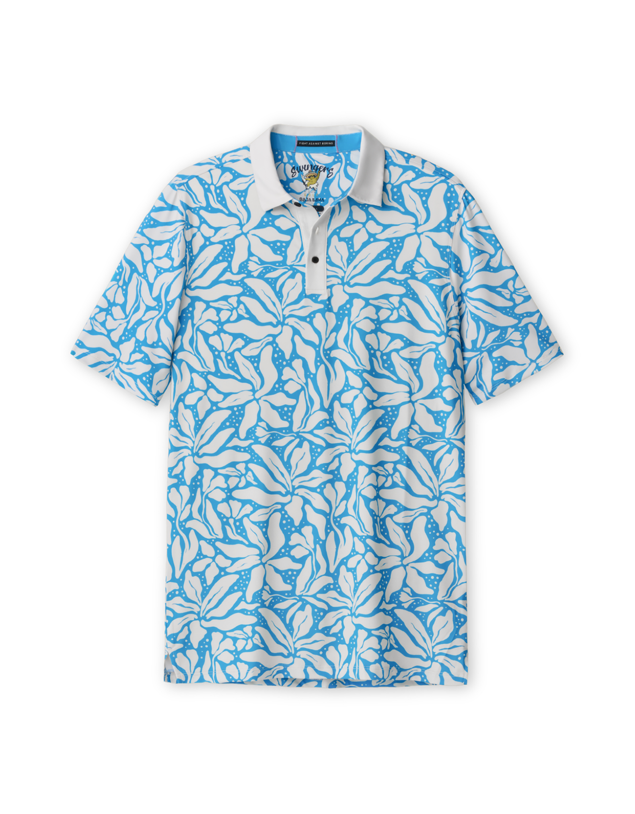 Front flat-lay view of the Baja Llama Leaf Me Blue Swingers Performance Polo, featuring an all-over vibrant blue and white tropical leaf pattern with a solid white collar and button placket.