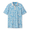 Front flat-lay view of the Baja Llama Leaf Me Blue Swingers Performance Polo, featuring an all-over vibrant blue and white tropical leaf pattern with a solid white collar and button placket.