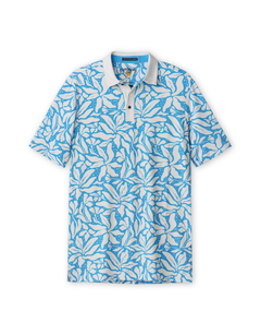 Front flat-lay view of the Baja Llama Leaf Me Blue Swingers Performance Polo, featuring an all-over vibrant blue and white tropical leaf pattern with a solid white collar and button placket.