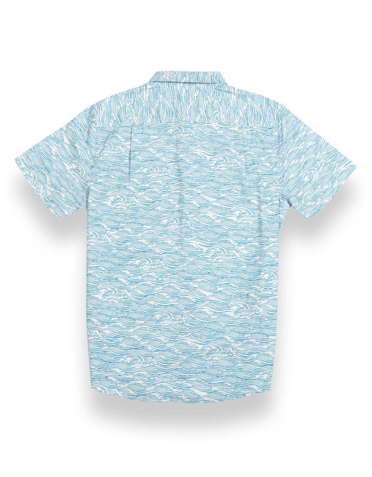 Light blue button up shirt with wave print and hidden side zipper pocket