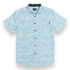 Light blue button up shirt with wave print and hidden side zipper pocket
