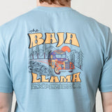 Bus Experience graphic tee by Baja Llama. Light teal tee with a retro bus design. Soft fabric and relaxed fit, perfect for laid-back, adventurous style.