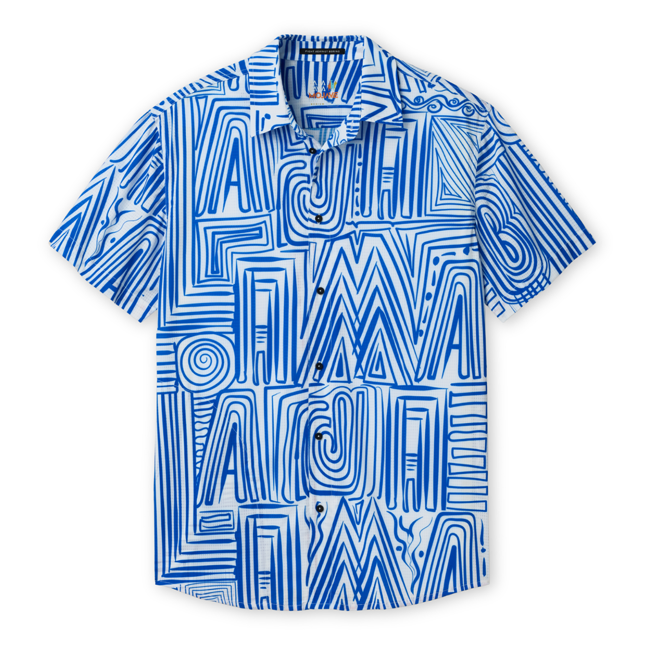 Baja Llama Line Work Mojave Perforated Button Up shirt featuring a blue and white abstract geometric line art pattern.