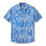 Baja Llama Line Work Mojave Perforated Button Up shirt featuring a blue and white abstract geometric line art pattern.
