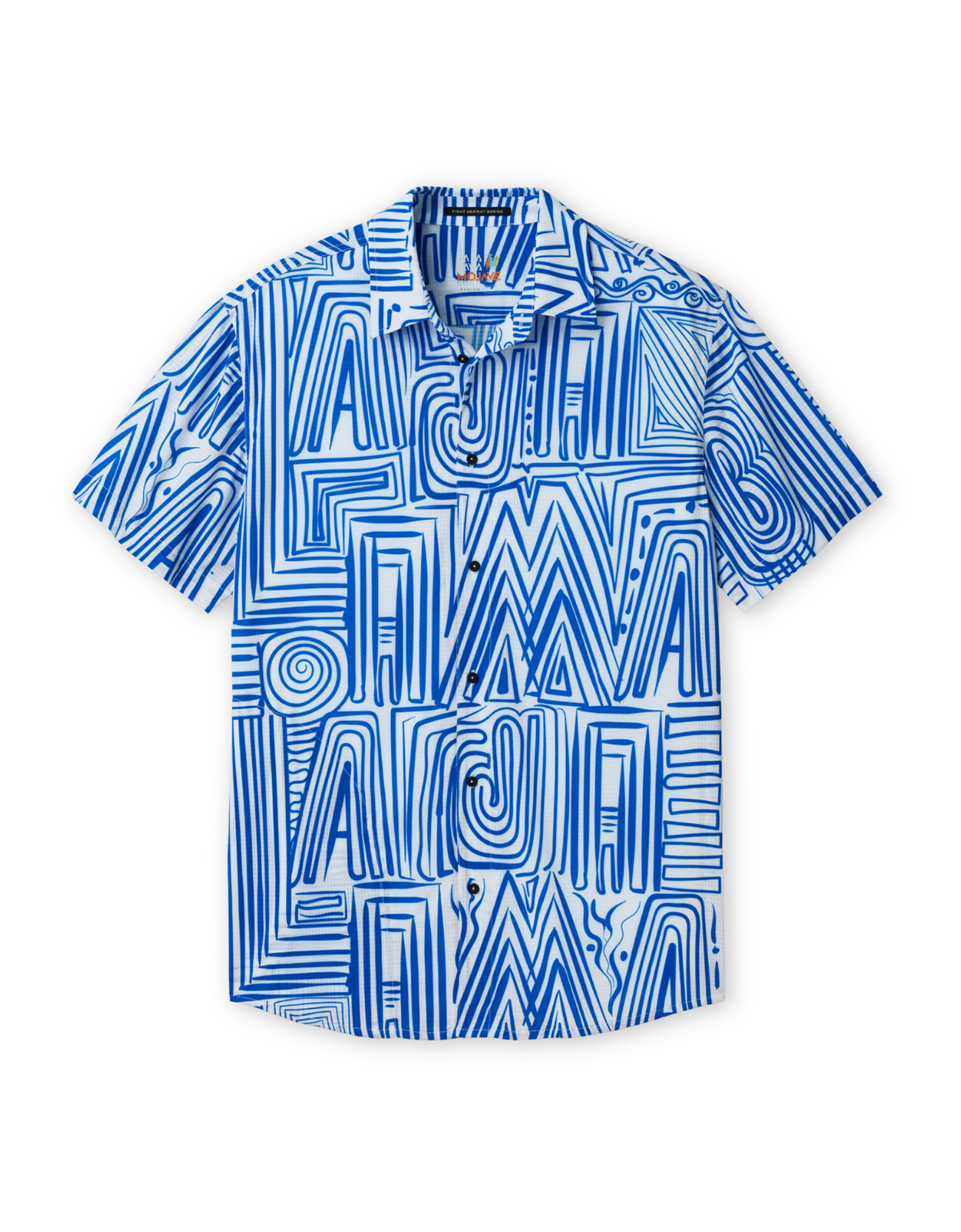 Baja Llama Line Work Mojave Perforated Button Up shirt featuring a blue and white abstract geometric line art pattern.