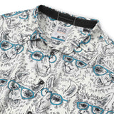 White and black button up shirt with llamas wearing blue eyeglasses print