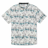 White and black button up shirt with llamas wearing blue eyeglasses print