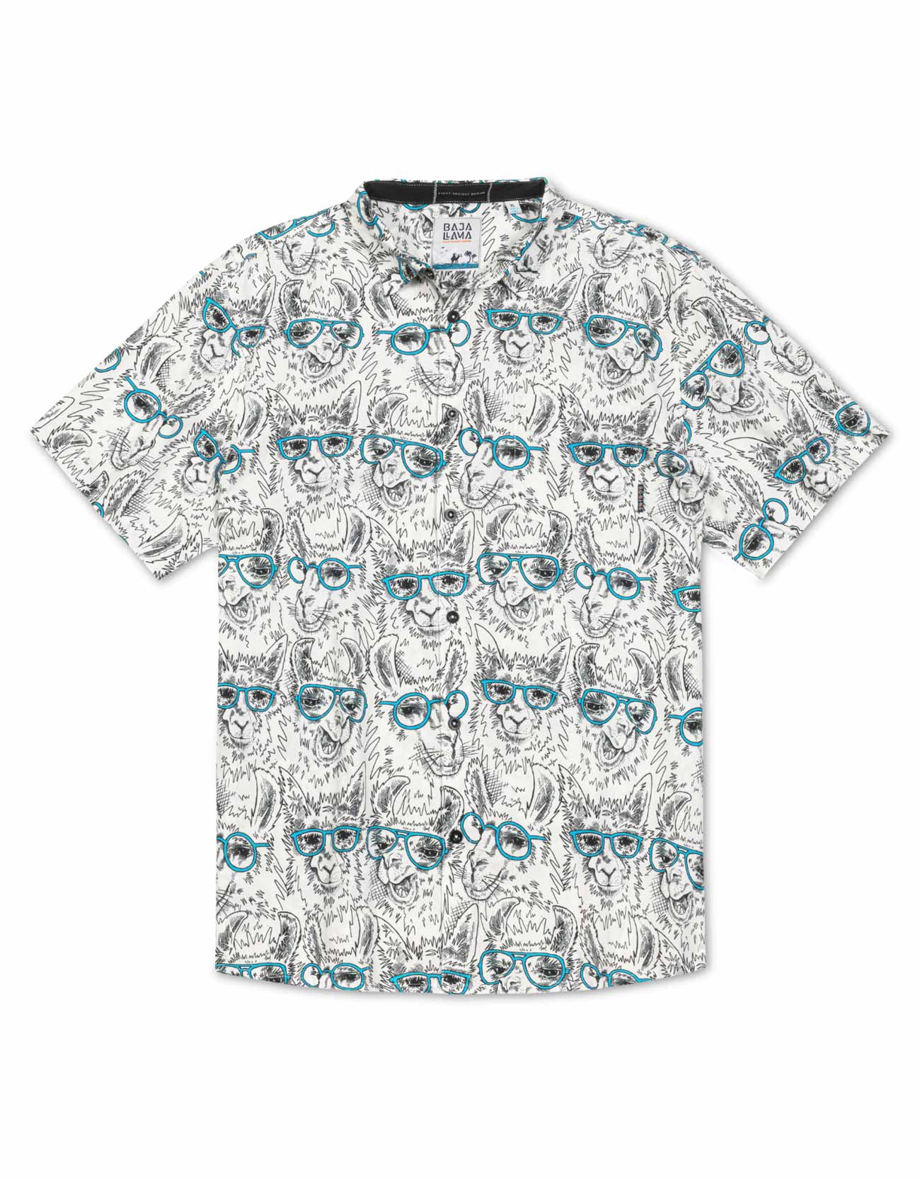 White and black button up shirt with llamas wearing blue eyeglasses print