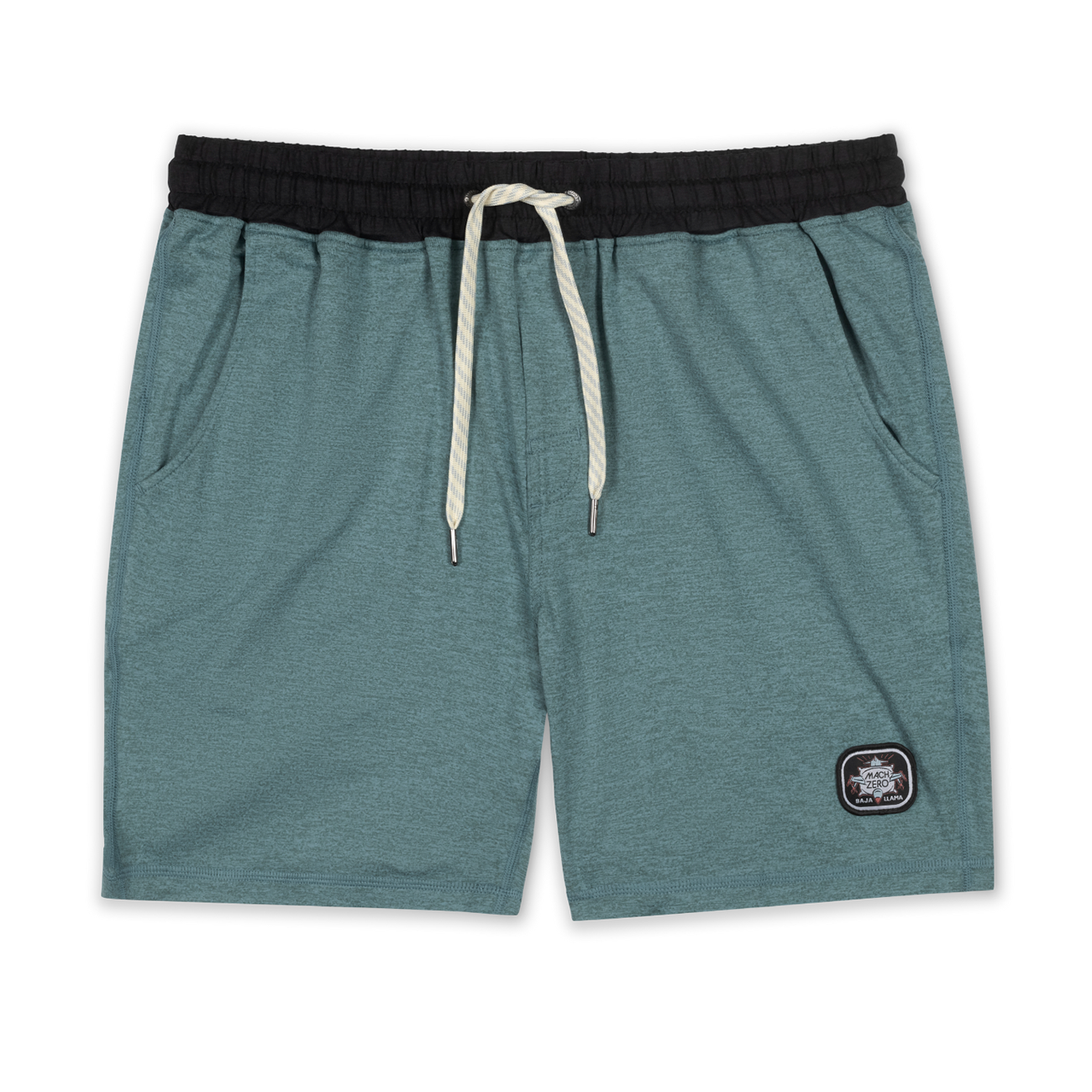 Baja Llama Mach Zero lounge shorts in Atlantic Green, featuring a contrasting black elastic drawstring waistband and brand logo patch.