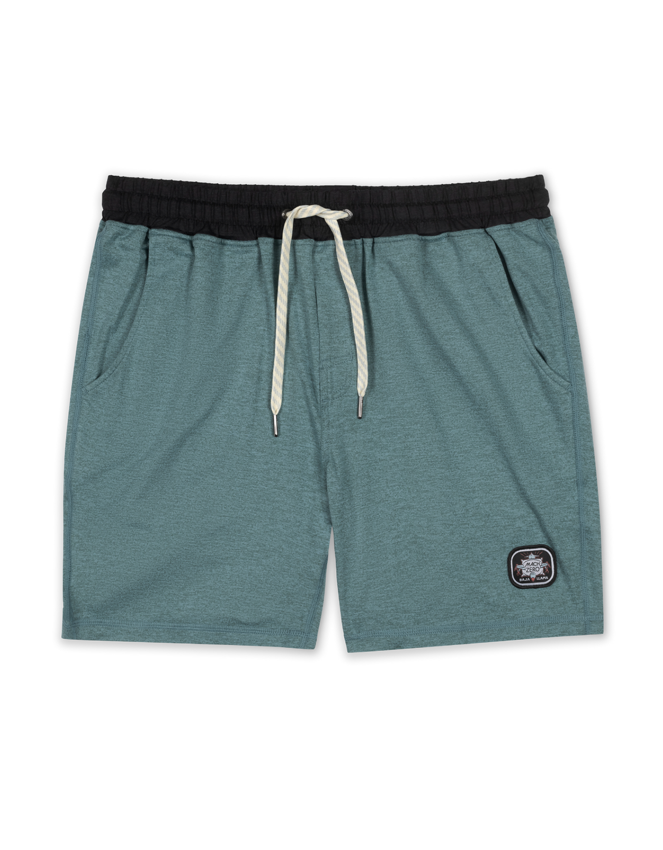 Baja Llama Mach Zero lounge shorts in Atlantic Green, featuring a contrasting black elastic drawstring waistband and brand logo patch.