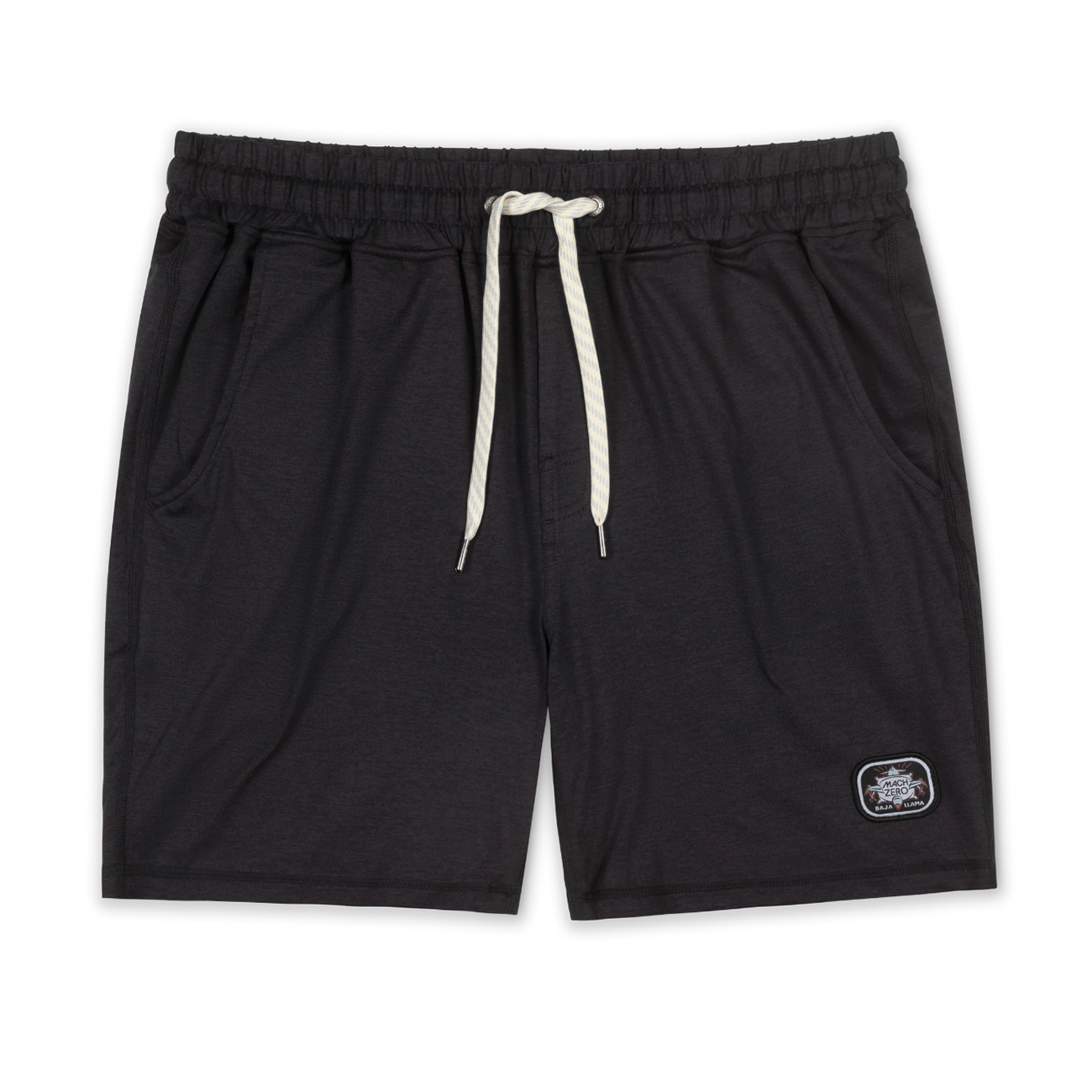 Flat lay of black Mach Zero lounge shorts by Baja Llama featuring a drawstring waist and branded patch.