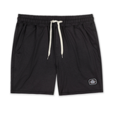 Flat lay of black Mach Zero lounge shorts by Baja Llama featuring a drawstring waist and branded patch.