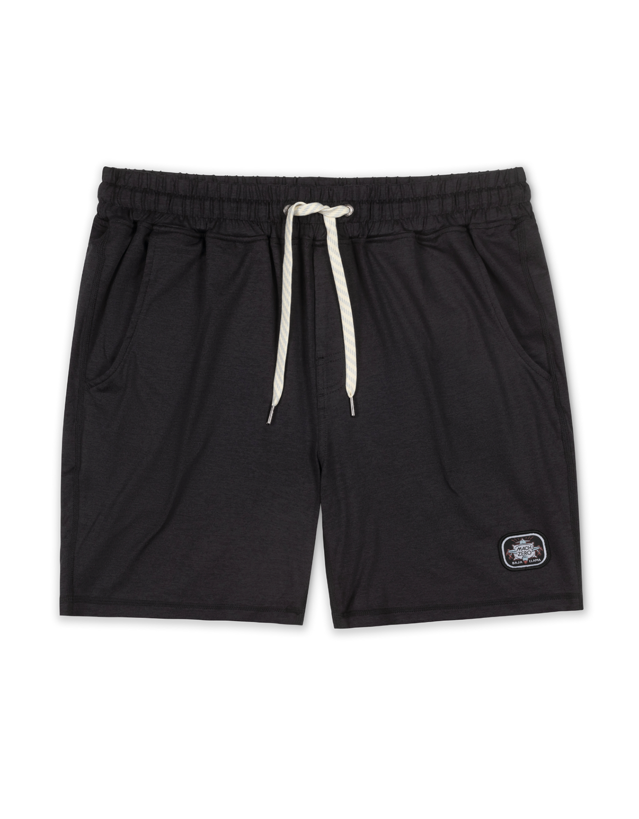 Flat lay of black Mach Zero lounge shorts by Baja Llama featuring a drawstring waist and branded patch.