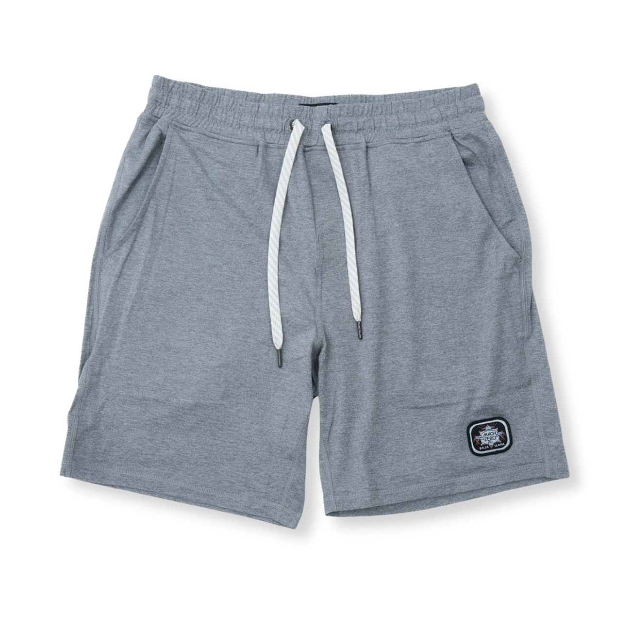 Front view of the Baja Llama Mach Zero Lounge Shorts in gray, featuring an elastic waistband with a white drawstring and a branded patch.