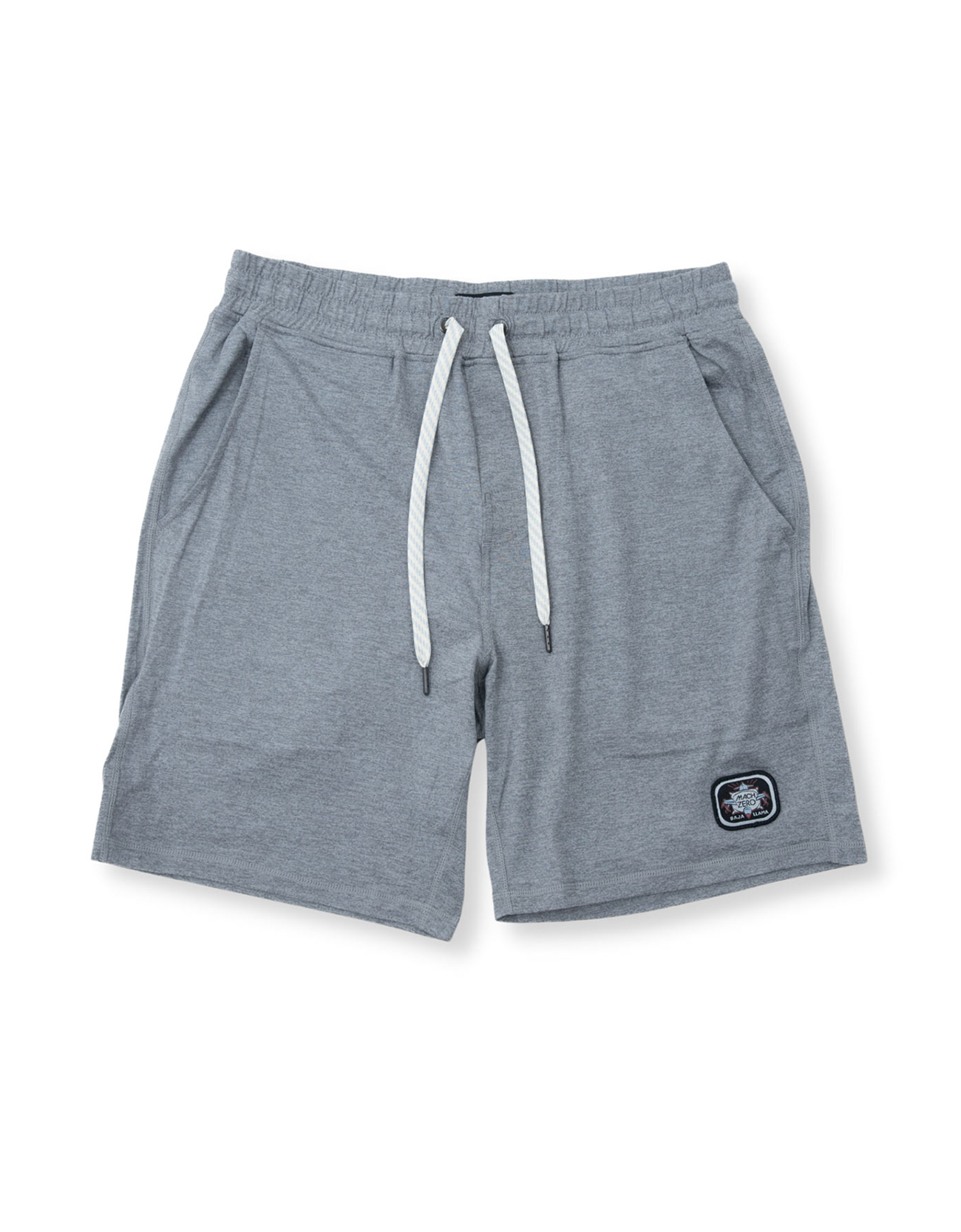 Front view of the Baja Llama Mach Zero Lounge Shorts in gray, featuring an elastic waistband with a white drawstring and a branded patch.