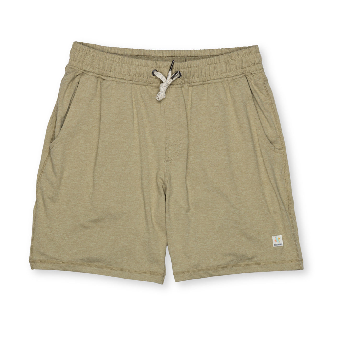 light brown athletic shorts with drawstring on a white background