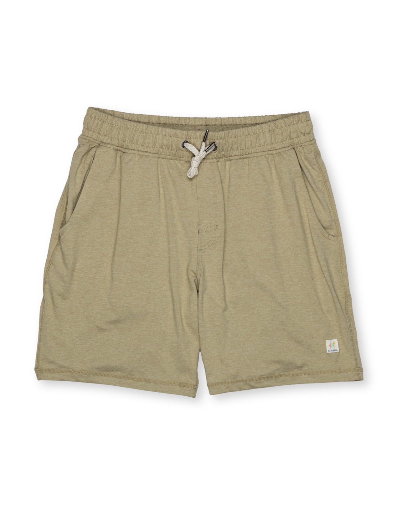 light brown athletic shorts with drawstring on a white background