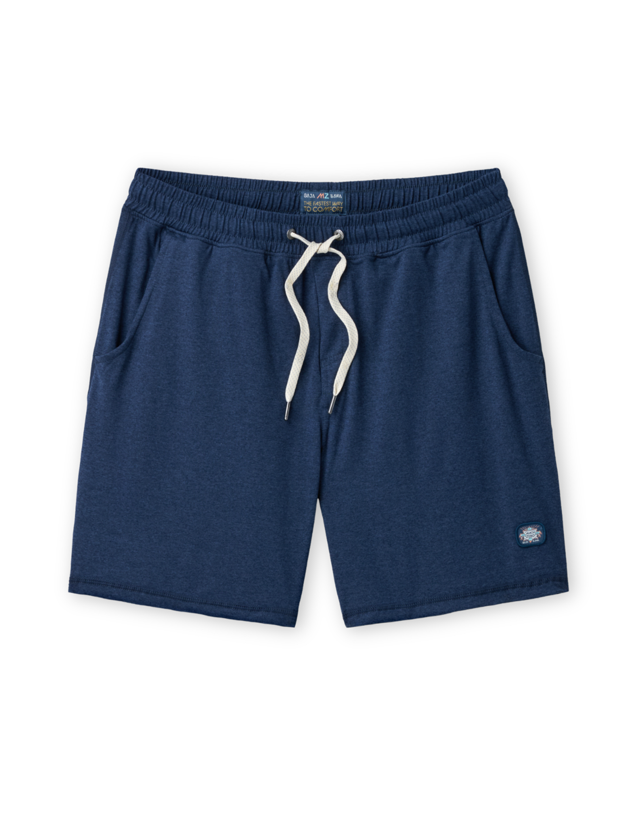 Front view of the Baja Llama Mach Zero Lounge Shorts in navy, featuring an elastic waistband with a drawstring and a small brand patch.