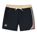Baja Llama Mach Zero lounge shorts in retro black, featuring a tan waistband and colorful side stripe detailing.