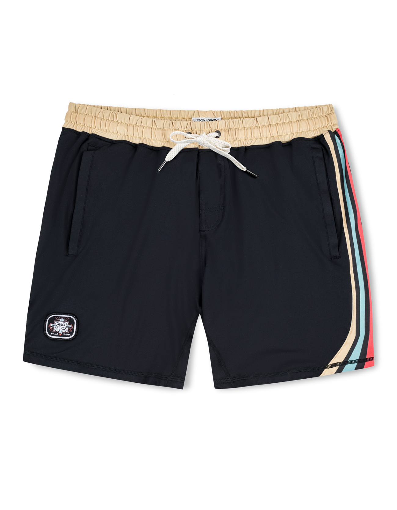 Baja Llama Mach Zero lounge shorts in retro black, featuring a tan waistband and colorful side stripe detailing.