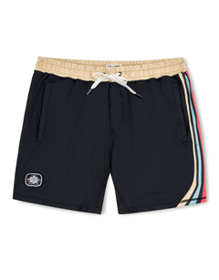 Baja Llama Mach Zero lounge shorts in retro black, featuring a tan waistband and colorful side stripe detailing.