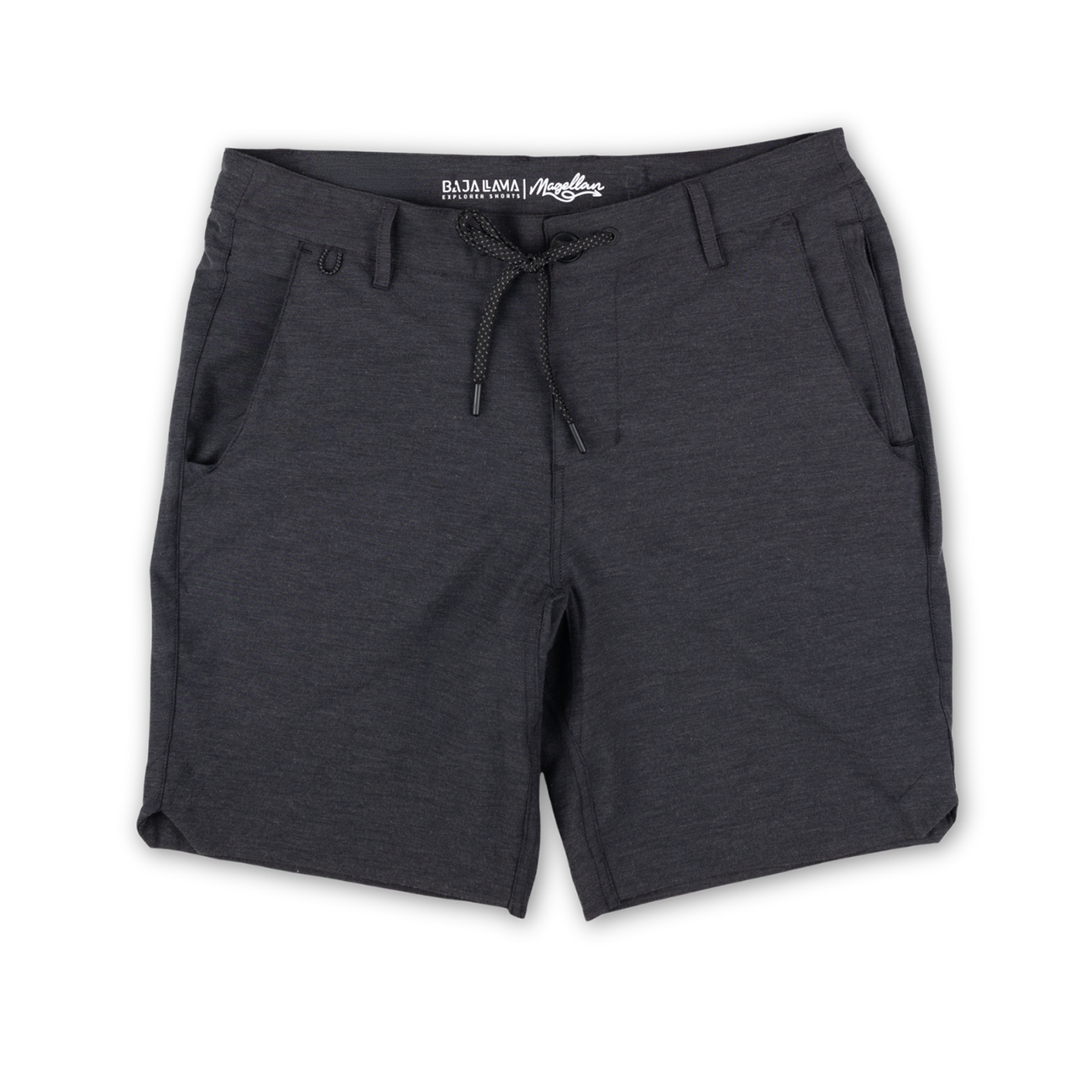 Flat lay of Baja Llama Magellan Explorer Shorts in Black Heather, showcasing the versatile hybrid design, drawstring waist, and adventure-ready fabric.