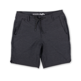 Flat lay of Baja Llama Magellan Explorer Shorts in Black Heather, showcasing the versatile hybrid design, drawstring waist, and adventure-ready fabric.