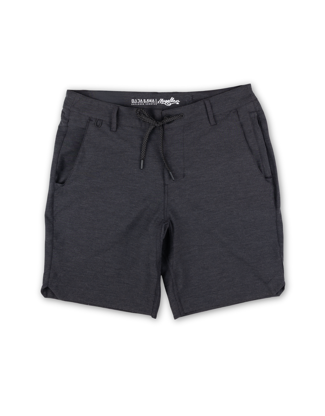 Flat lay of Baja Llama Magellan Explorer Shorts in Black Heather, showcasing the versatile hybrid design, drawstring waist, and adventure-ready fabric.