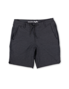 Flat lay of Baja Llama Magellan Explorer Shorts in Black Heather, showcasing the versatile hybrid design, drawstring waist, and adventure-ready fabric.