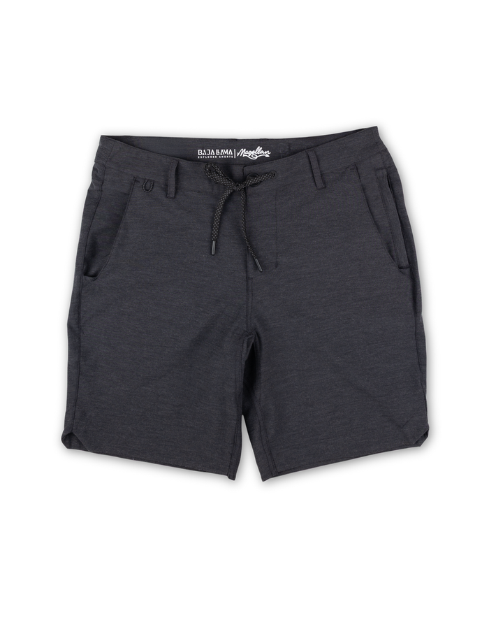 Flat lay of Baja Llama Magellan Explorer Shorts in Black Heather, showcasing the versatile hybrid design, drawstring waist, and adventure-ready fabric.