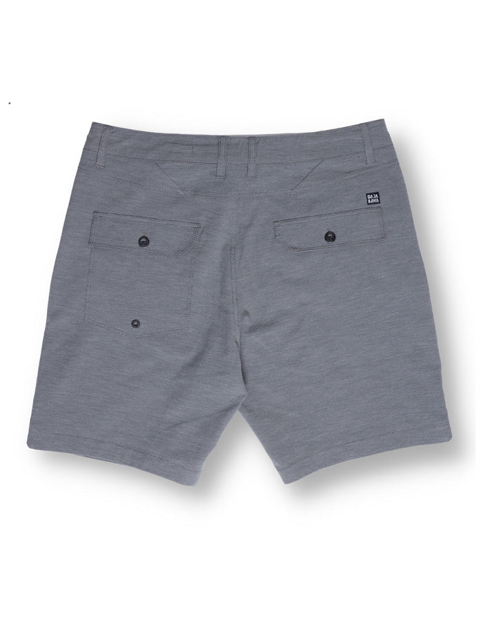 Back view of the Baja Llama Magellan Explorer Shorts in Charcoal, featuring a buttoned pocket and branded tag detail.