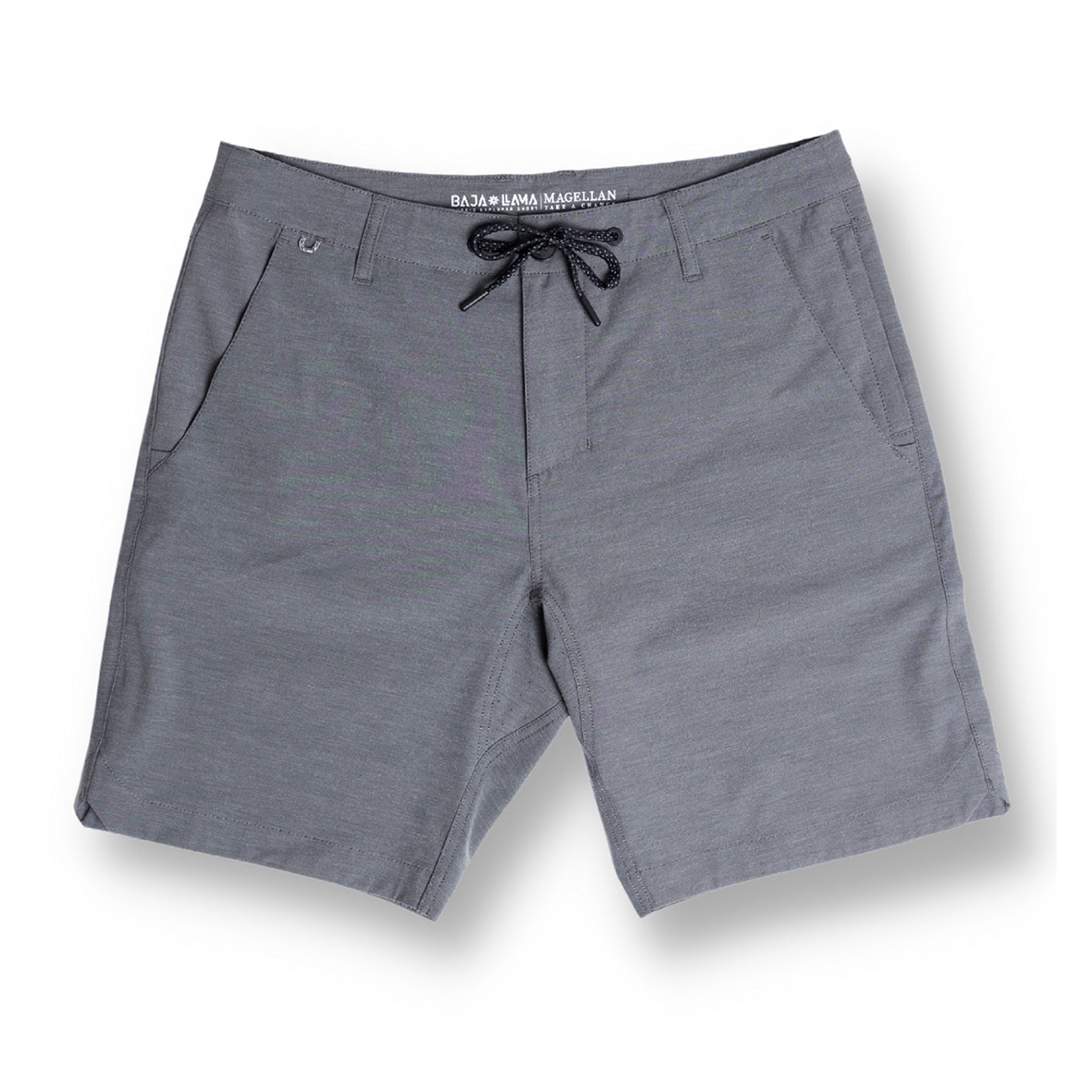 Front view of the Baja Llama Magellan Explorer Shorts in Charcoal, featuring a hybrid design with a drawstring waist and convenient side pockets.