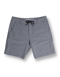 Front view of the Baja Llama Magellan Explorer Shorts in Charcoal, featuring a hybrid design with a drawstring waist and convenient side pockets.