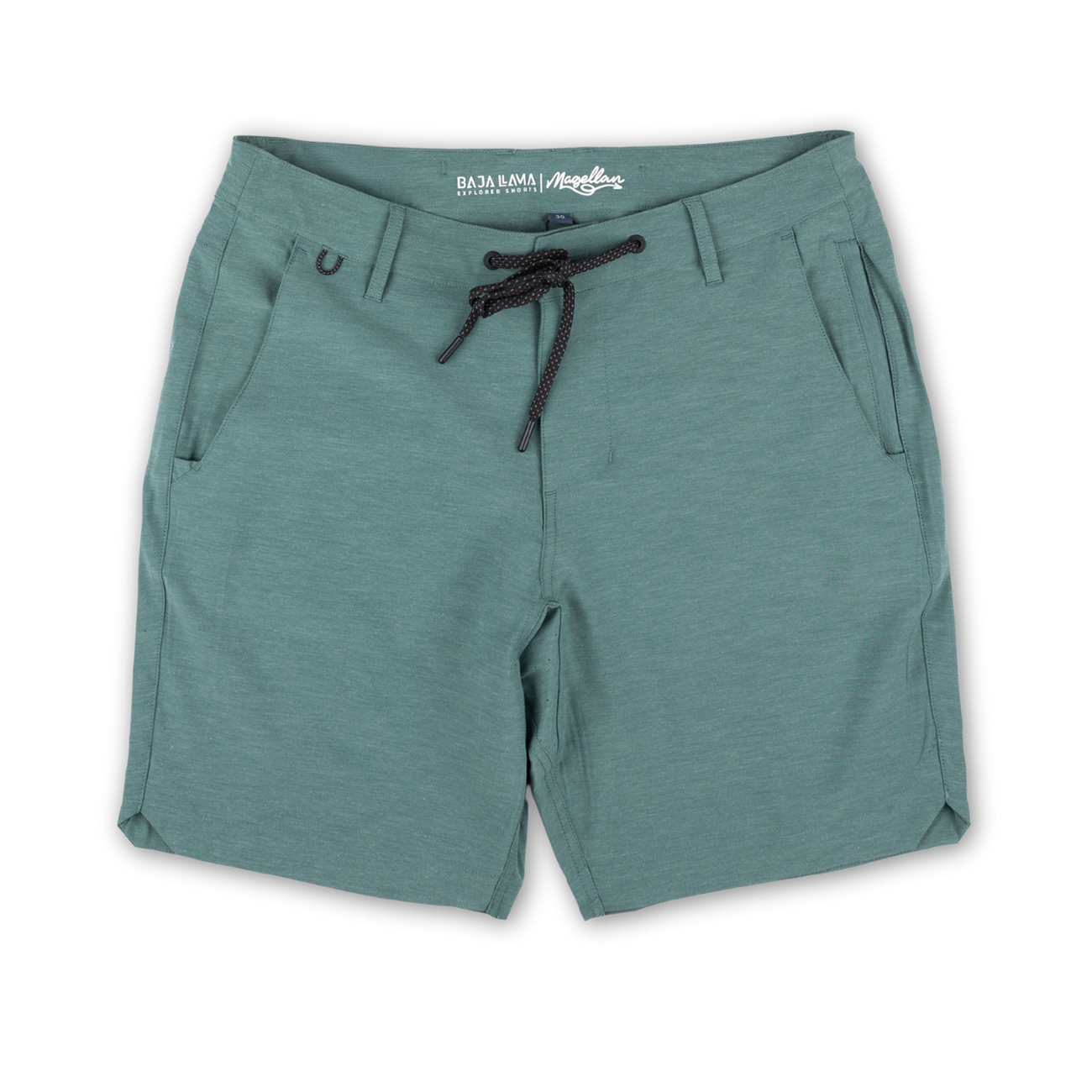 Flat lay of Baja Llama Magellan Explorer Shorts in Hunter Green, showcasing the hybrid design, drawstring waist, and adventure-ready fabric.