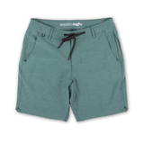 Flat lay of Baja Llama Magellan Explorer Shorts in Hunter Green, showcasing the hybrid design, drawstring waist, and adventure-ready fabric.