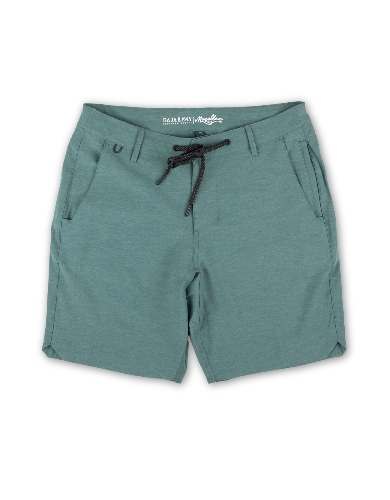 Flat lay of Baja Llama Magellan Explorer Shorts in Hunter Green, showcasing the hybrid design, drawstring waist, and adventure-ready fabric.
