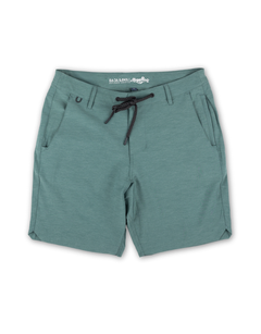 Flat lay of Baja Llama Magellan Explorer Shorts in Hunter Green, showcasing the hybrid design, drawstring waist, and adventure-ready fabric.