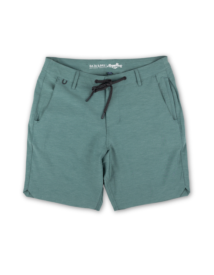 Flat lay of Baja Llama Magellan Explorer Shorts in Hunter Green, showcasing the hybrid design, drawstring waist, and adventure-ready fabric.