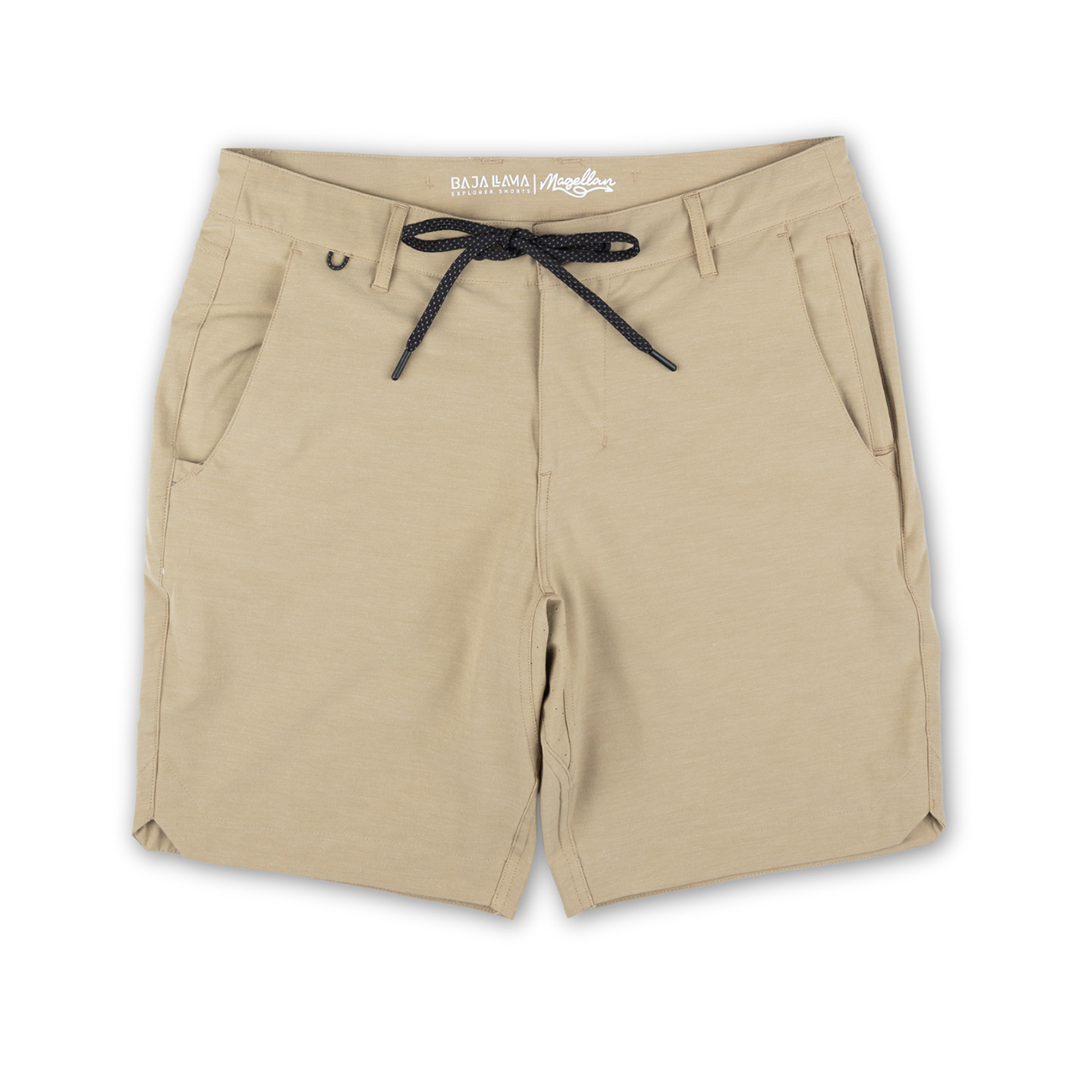 Baja Llama Magellan Explorer hybrid shorts in Khaki Safari color featuring a drawstring waist and durable, quick-dry adventure fabric