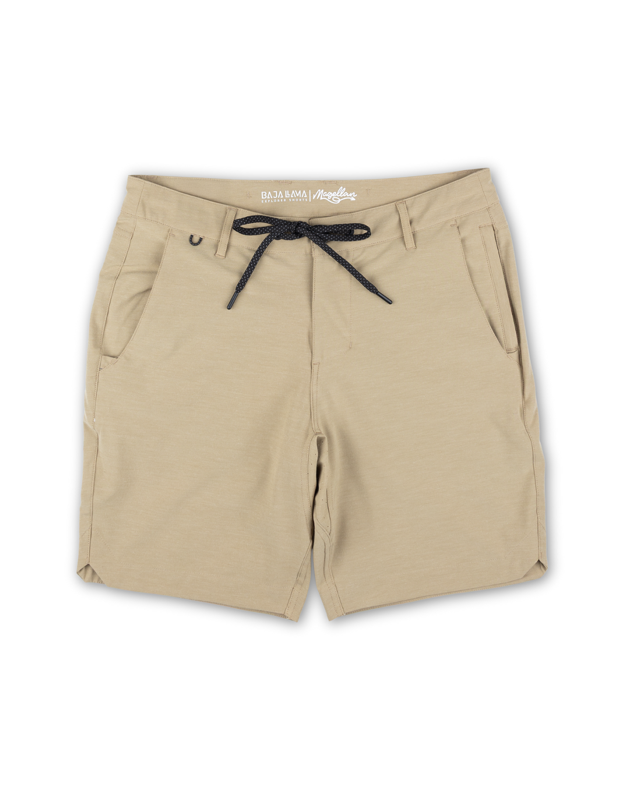 Baja Llama Magellan Explorer hybrid shorts in Khaki Safari color featuring a drawstring waist and durable, quick-dry adventure fabric