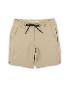 Baja Llama Magellan Explorer hybrid shorts in Khaki Safari color featuring a drawstring waist and durable, quick-dry adventure fabric