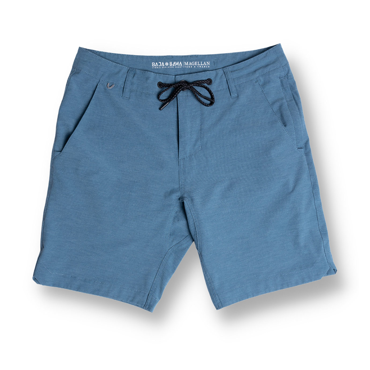 Front view of the Baja Llama Magellan Explorer Shorts in Mallard Blue, featuring a hybrid design with a drawstring waist and side pockets.