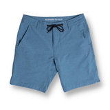 Front view of the Baja Llama Magellan Explorer Shorts in Mallard Blue, featuring a hybrid design with a drawstring waist and side pockets.