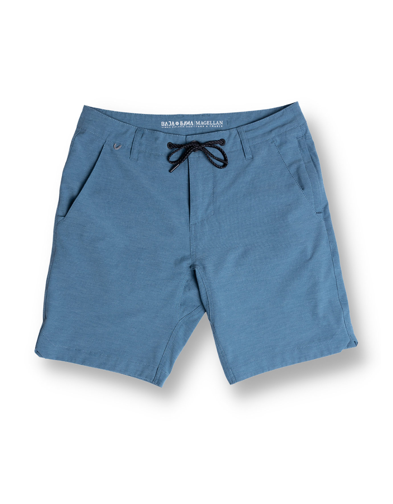 Front view of the Baja Llama Magellan Explorer Shorts in Mallard Blue, featuring a hybrid design with a drawstring waist and side pockets.
