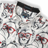 Black and white button up featuring monkey wearing red eyeglasses